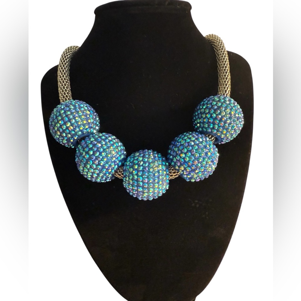 FUN Chunky Jewelry AB rhinestone Ball Silver Mesh Party Statement Necklace